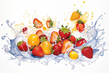 fruits falling into water in colorful watercolor art style