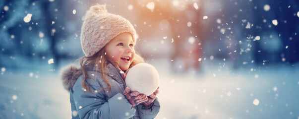 Fototapeta premium Cute girl standing in the natural park and holding a snowball in her hands.