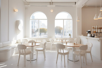 Fototapeta na wymiar Minimal interior design of cafe or coffee cafe bar shop in clean minimalist style, decorated with warm tone, relaxing tones with glossy ivory white round corner counter and coffee machinery.