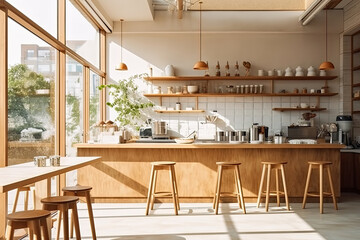 Minimal interior design of cafe or coffee cafe bar shop in clean minimalist style, decorated with warm tone, relaxing tones with glossy ivory white round corner counter and coffee machinery.