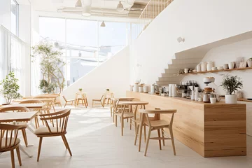 Foto op Canvas Minimal interior design of cafe or coffee cafe bar shop in clean minimalist style, decorated with warm tone, relaxing tones with glossy ivory white round corner counter and coffee machinery. © TANATPON
