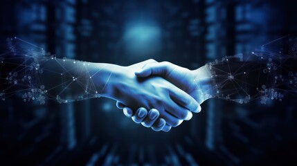Handshake in digital futuristic style.. The concept of partnership, collaboration or teamwork. - obrazy, fototapety, plakaty