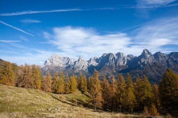 Dolomites range landscape. San Martino di Castrozza mountains view