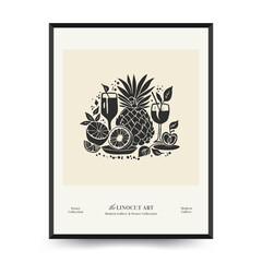 Abstract linocut floral posters template. Modern trendy Matisse minimal style. Black and white colors. Magic., girls and mystical. Hand drawn design for wallpaper, wall decor, print, postcard.