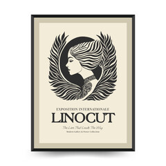 Abstract linocut floral posters template. Modern trendy Matisse minimal style. Black and white colors. Magic., girls and mystical. Hand drawn design for wallpaper, wall decor, print, postcard.