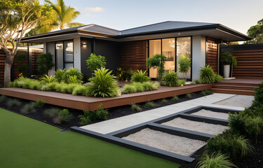 Fototapeta na wymiar The front yard of a contemporary Australian home or residential building features artificial grass lawn turf with timber edging,