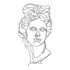 One line illustration of Greek sculpture Apollo. Vector line  art for logo, poster, tattoo. Sculpture, exhibition, surrealism. 
