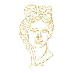 Gold one glitter line illustration of Greek sculpture. Vector line art for logo, poster, tattoo.