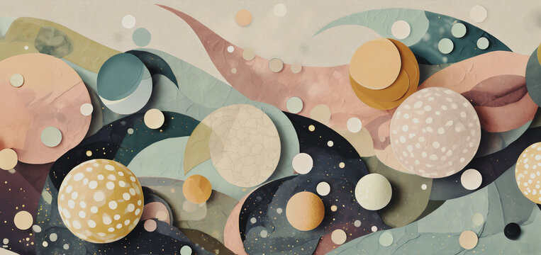 illustrazione sfondo a tema cosmologico astratto, pianeti, lune e corpi celesti in un cosmo dai colori pastello