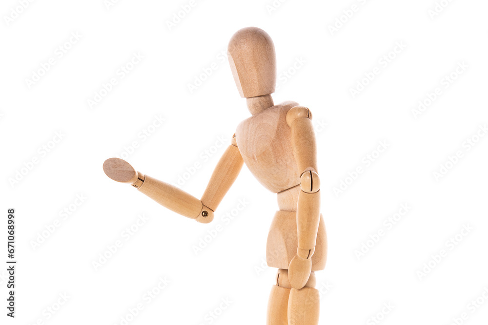 Poster a wooden mannequin standing in front of a white background. this versatile image can be used for var