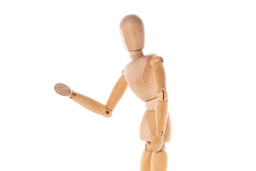 A wooden mannequin standing in front of a white background. This versatile image can be used for...