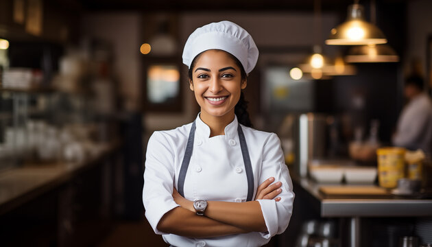 Smiling Indian female chef with hands crossed in the kitchen