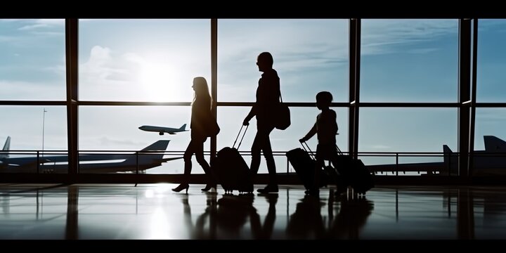 Silhouette of young family with luggage walking at airport, travel concept in  airport
