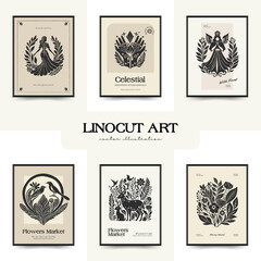 Abstract linocut floral posters template. Modern trendy Matisse minimal style. Black and white colors. Magic., girls and mystical. Hand drawn design for wallpaper, wall decor, print, postcard, cover, 