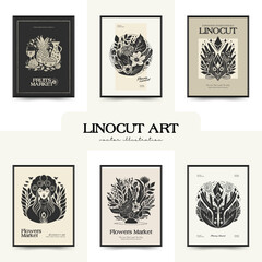 Abstract linocut floral posters template. Modern trendy Matisse minimal style. Black and white colors. Magic., girls and mystical. Hand drawn design for wallpaper, wall decor, print, postcard, cover, 