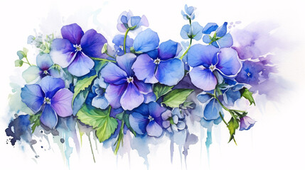 Colorful Watercolor Violets in Blue and Purple, Perfect for Inviting Greeting Cards and Delicate Home Decor.