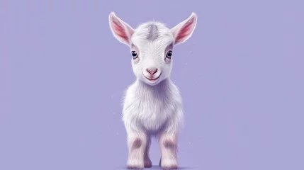 Fotobehang  a small white goat standing on a purple surface with a purple background.  generative ai © Nadia