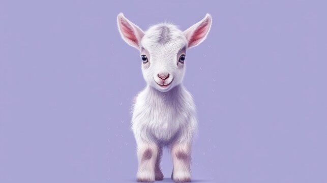 a small white goat standing on a purple surface with a purple background.  generative ai