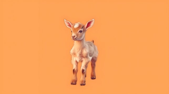  a small goat standing on top of an orange background in front of an orange wall.  generative ai