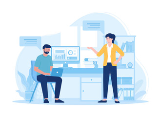 Customer service technical support consults with clients and helps them concept flat illustration