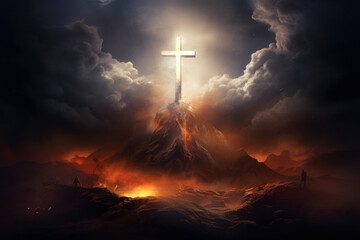wooden cross symbolizing the death and resurrection of Jesus Christ with the sky over Golgotha Hill is shrouded in light and clouds - obrazy, fototapety, plakaty