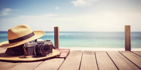 Tropical sea, beach and palm three in background. Vintage suitcase, hipster hat, photo camera and passport on wooden deck. Summer holiday traveling design concept. - obrazy, fototapety, plakaty