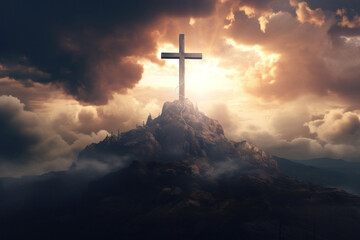 wooden cross symbolizing the death and resurrection of Jesus Christ with the sky over Golgotha Hill is shrouded in light and clouds - obrazy, fototapety, plakaty