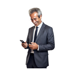 An elderly businessman is looking at his mobile phone, happy moment with phone,good news, isolated on a transparent and white background