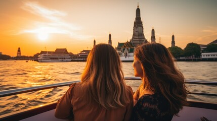 Female travelers on a boat admire the view at sunset on the Chao Phraya River.