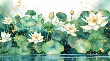  a painting of water lilies and leaves in a pond.  generative ai