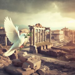 white dove flying in the sky of peace stop war background