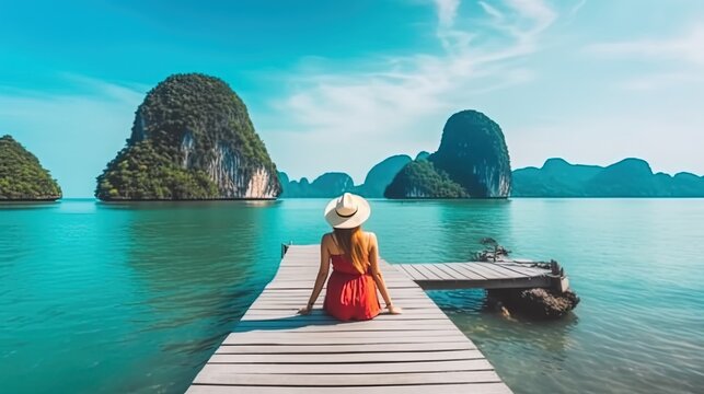 Traveler woman joy fun beautiful nature scenic attraction landscape tropic island.  Tourist on summer holiday vacation trip, Tourism destination place Asia