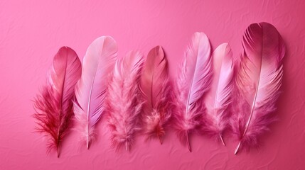  pink feathers lined up in a row on a pink background.  generative ai
