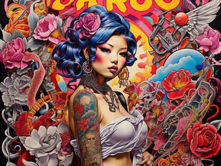 Tattoo convention in tokio colorful poster