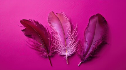  three pink feathers on a pink surface with a pink background.  generative ai