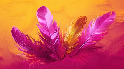  a close up of a pink and yellow feather on a yellow background.  generative ai