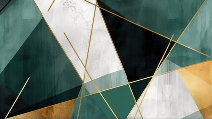  a painting of a green, gold and white geometric design.  generative ai