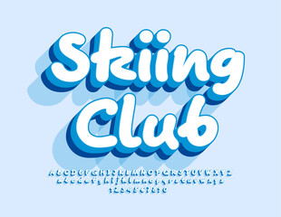Vector funny poster Skiing Club. Handwritten White 3D Font. Bright Alphabet Letters, Numbers and Symbols set.