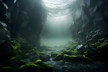 scene of deep sea seaweed on rock background and dark tone images