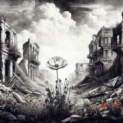 flower among a city destroyed during the war stop war background
