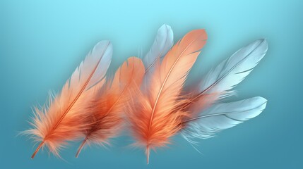  three orange and white feathers floating on a blue background with a blurry background.  generative ai