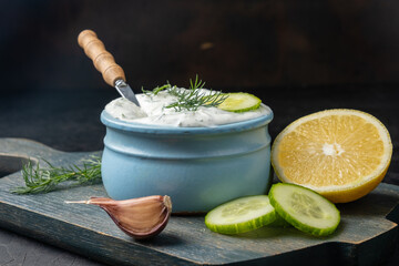 Delicious appetizer of yogurt and cucumbers, lemon herbs, tzatziki sauce.