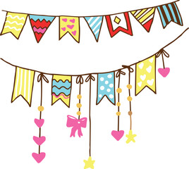 Hand drawn birthday party decoration clip art, party supplies, vector objects, birthday doodles, flags, confetti, flag garland