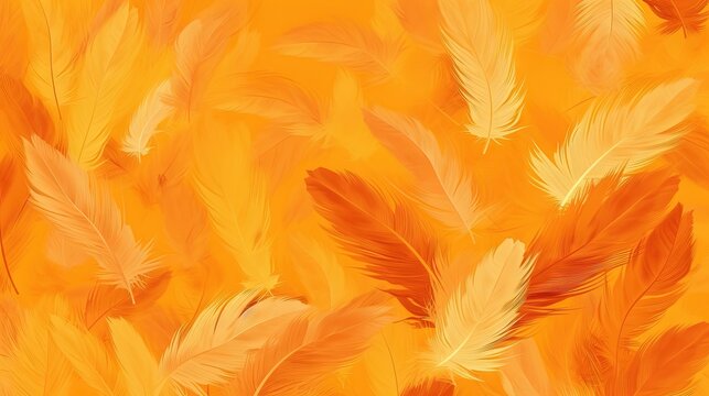  a painting of orange feathers on a yellow background with a white border.  generative ai