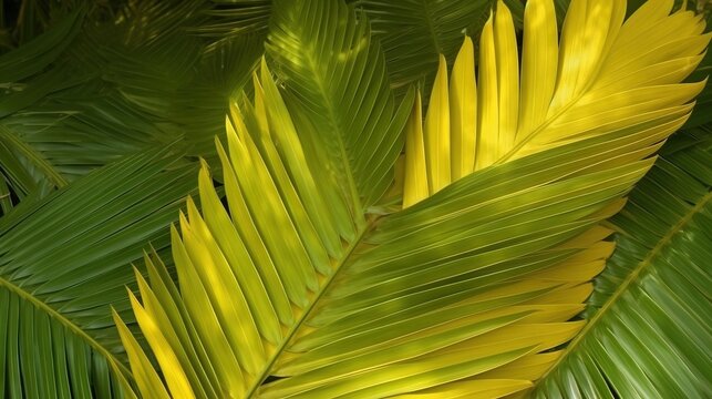  a close up of a green and yellow palm tree leaf.  generative ai