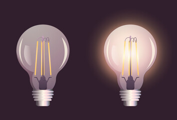 Realistic transparent bulb light  on dark background. vector illustration of on and off electric lamps. Concept icon for innovation, creative idea, business solution.
