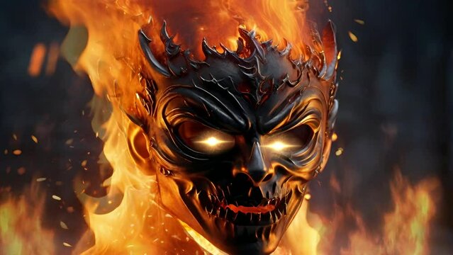 Scary devil mask on fire video animation, seamless looping video animated background