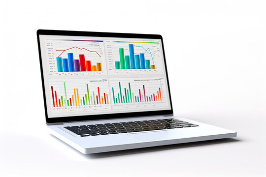 Laptop with financial stock charts on the screen isolated on white background.