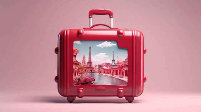 a red suitcase with a picture of the eiffel tower.  generative ai