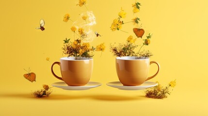 Obraz na płótnie Canvas two coffee cups with flowers in them on a yellow background. generative ai